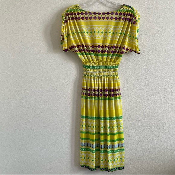 Romantic SINI sheer yellow midi dress with purple & green tribal pattern - Picture 6 of 11